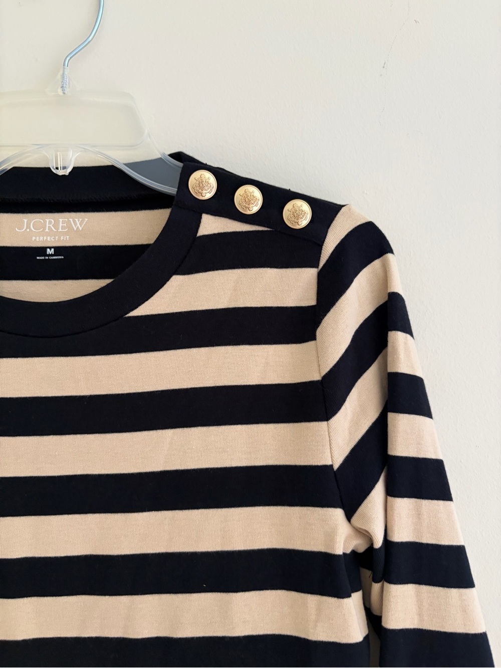 J. Crew Striped Black and Cream Crewneck Sweater with Gold Buttons - Picture 3 of 7